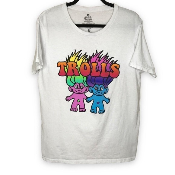DreamWorks Good Luck Trolls White Crew Neck Short Sleeve Graphic T Shirt Large - Picture 1 of 9